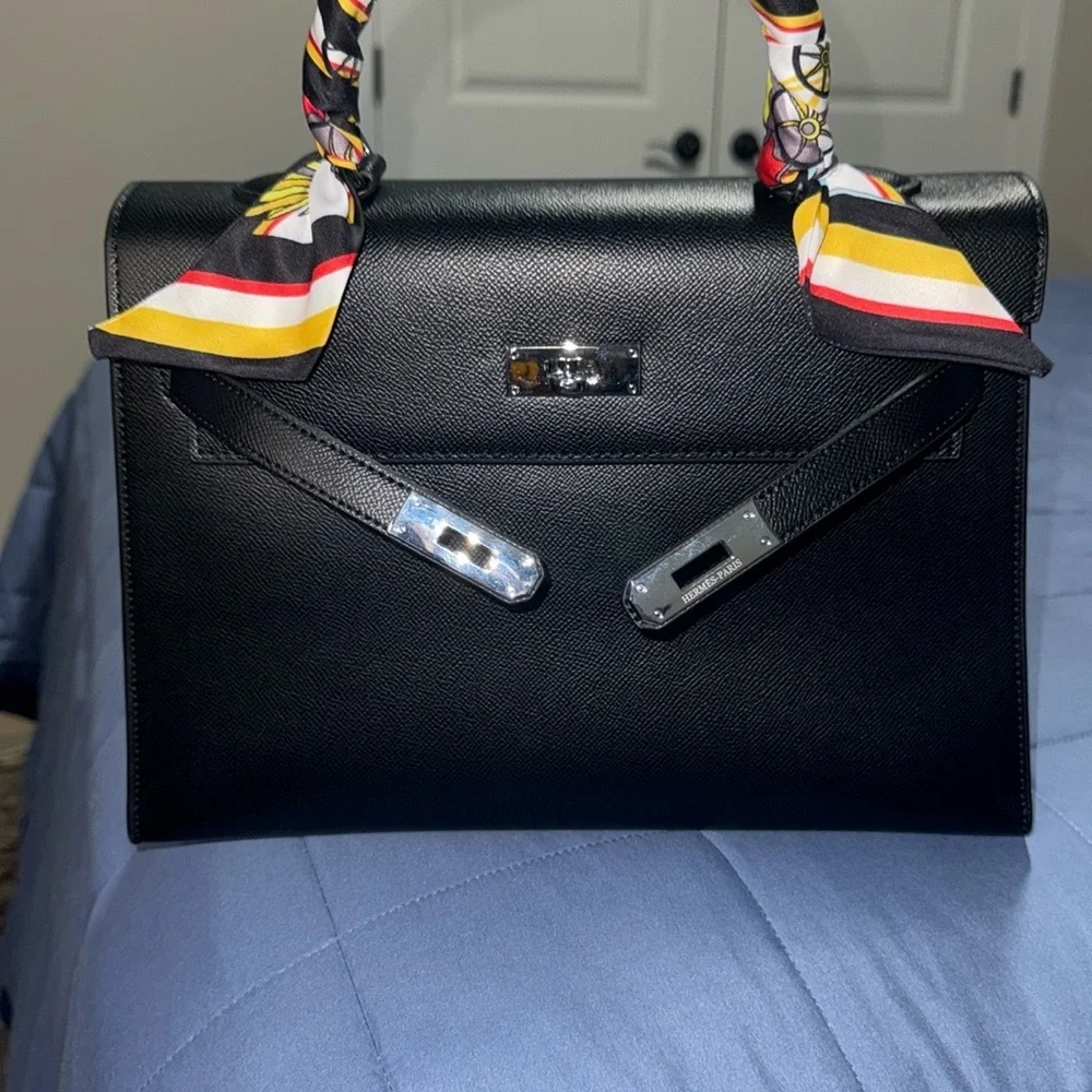 Black Structured Handbag with Colorful Scarf Accents - Picture 10 of 13